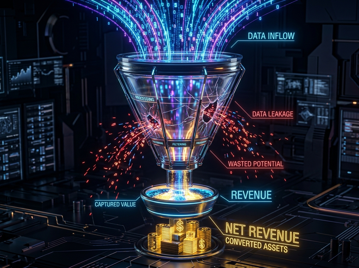 Futuristic leaking media funnel demonstrating wasted ad budget before reaching the conversion point