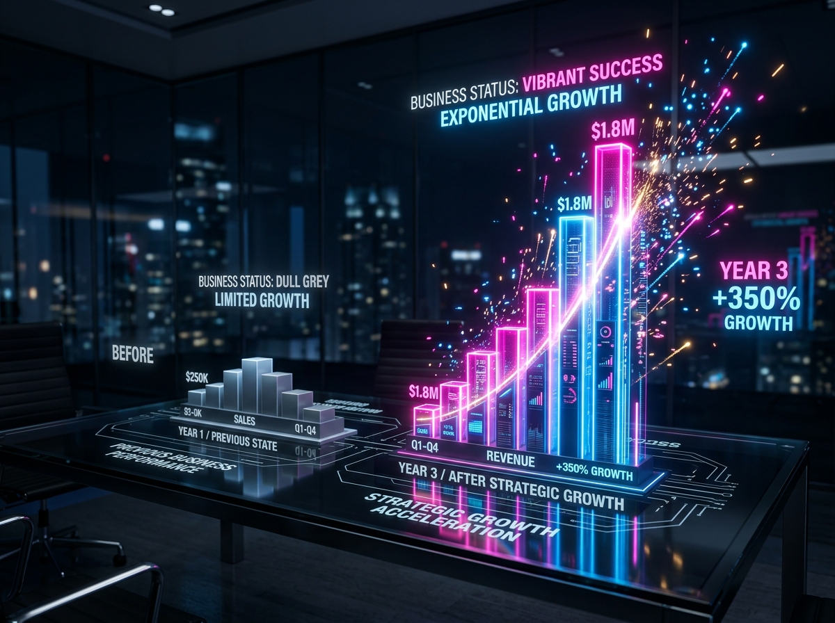 Business growth comparison showing dramatic spike in performance marketing success