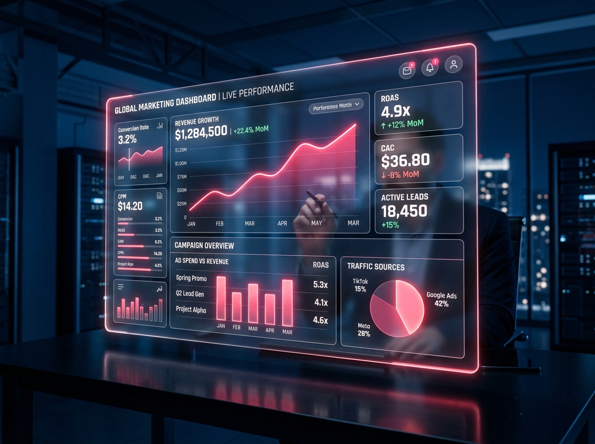 A premium digital marketing dashboard showing ROAS and CAC metrics