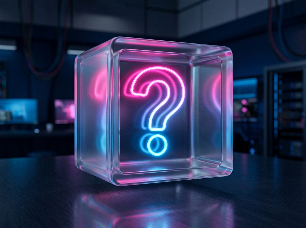 A sleek neon glowing question mark inside a glass structure representing marketing FAQs