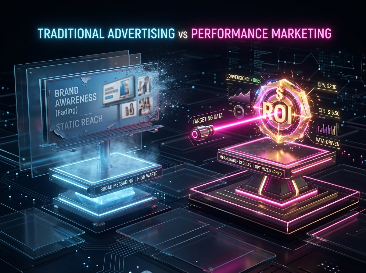 Conceptual scale showing the difference between traditional advertising and performance marketing