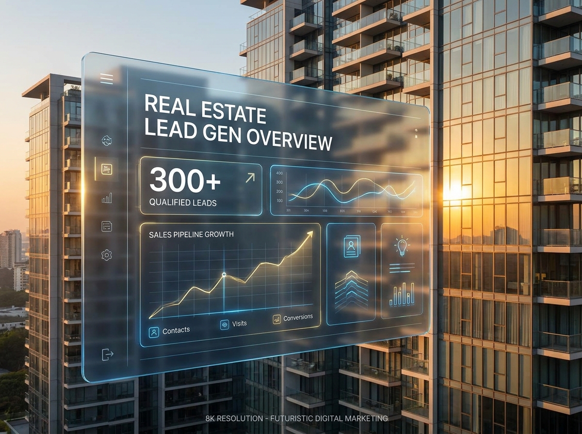 A modern digital marketing dashboard showing real estate lead generation metrics