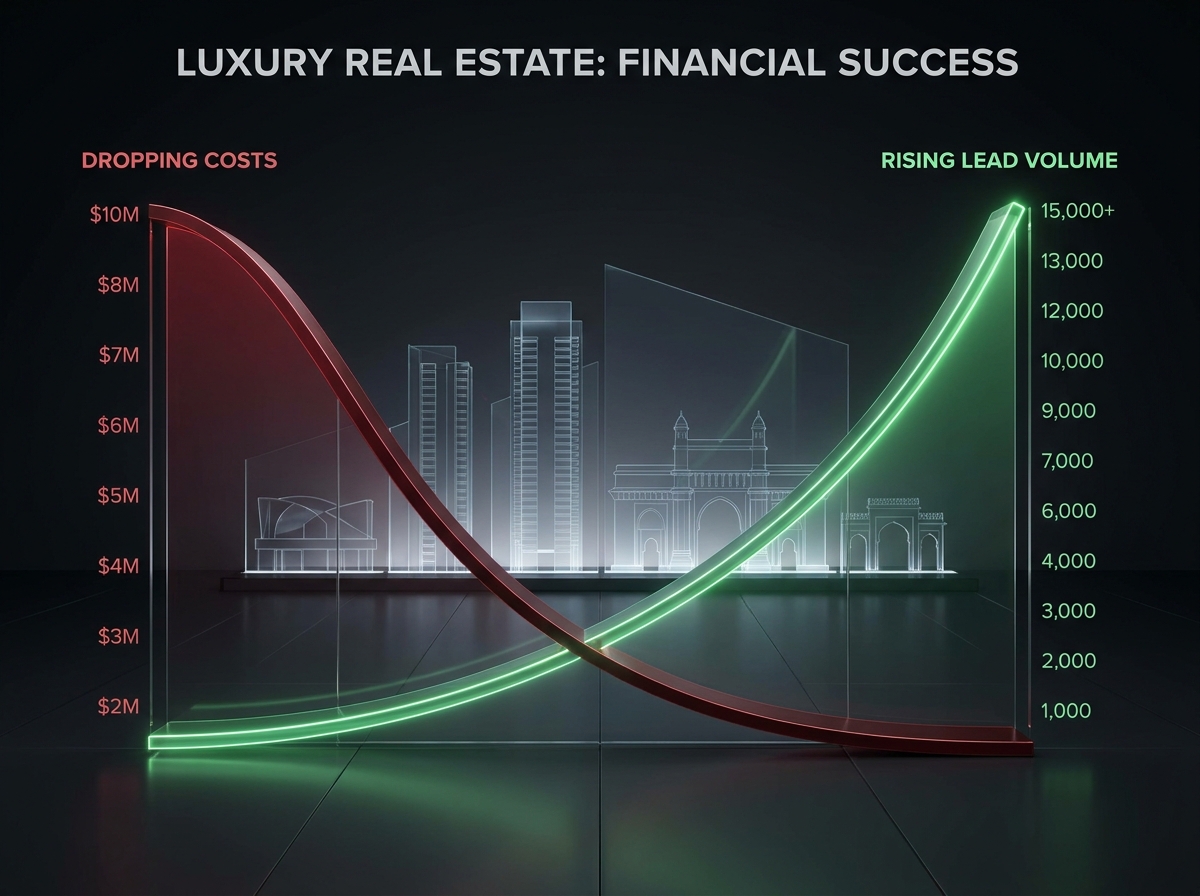 Graph visualizing a massive decrease in cost per lead alongside an increase in volume